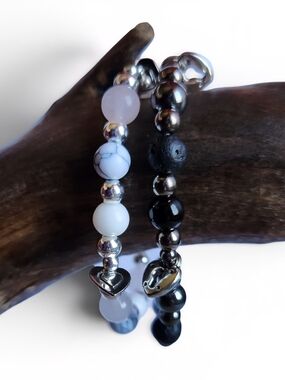 His & Hers Beaded Heart Charm Bracelet Set - Black & White